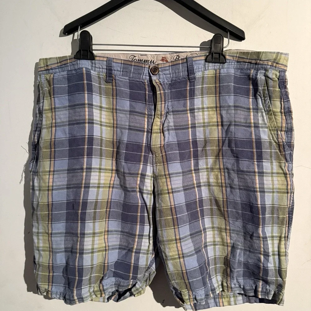 Tommy Bahama‎ Men's Linen Tencel Shorts Size 40 Blue Green Plaid Resort Travel